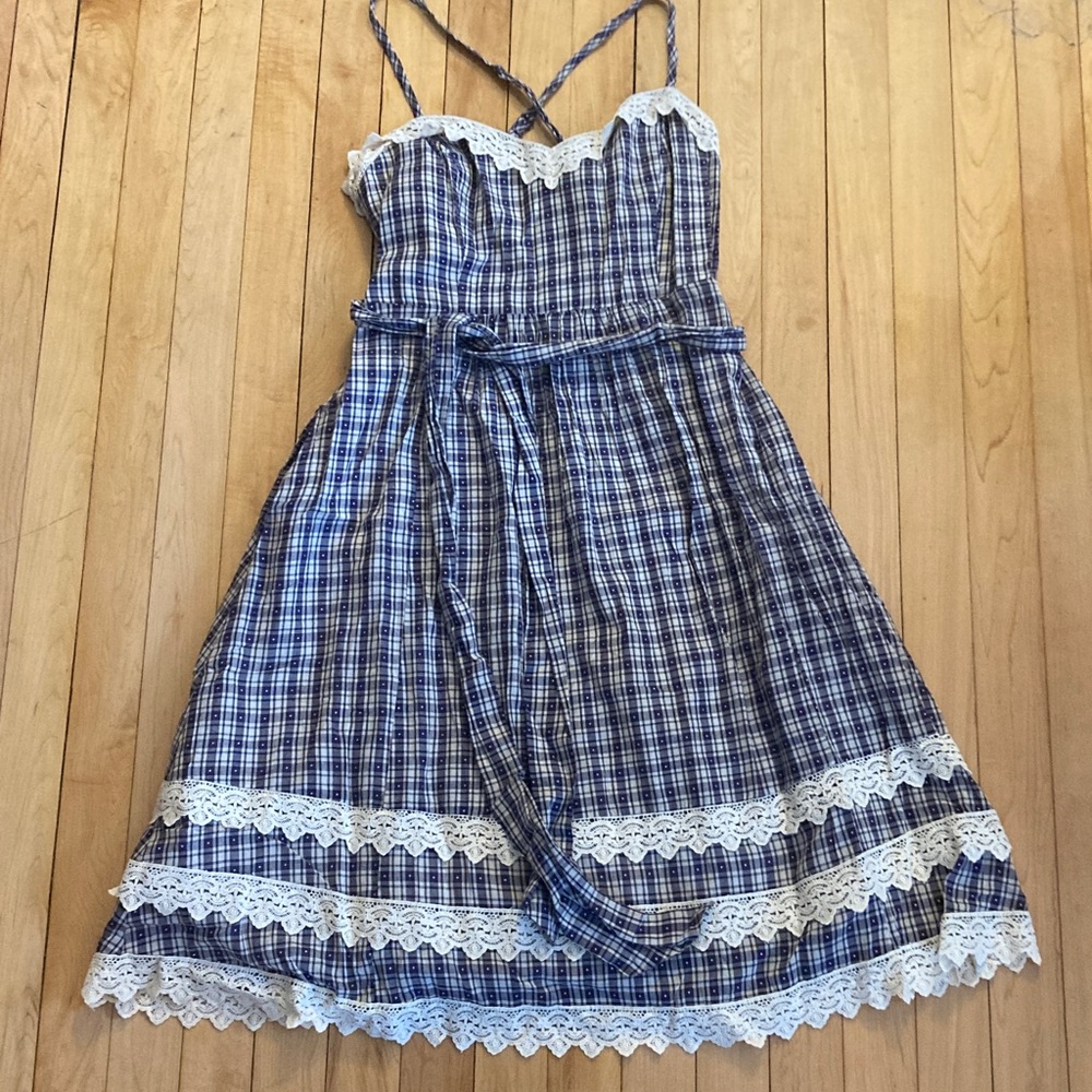 Moulinette Soeurs Blue and White Plaid Midi Dress